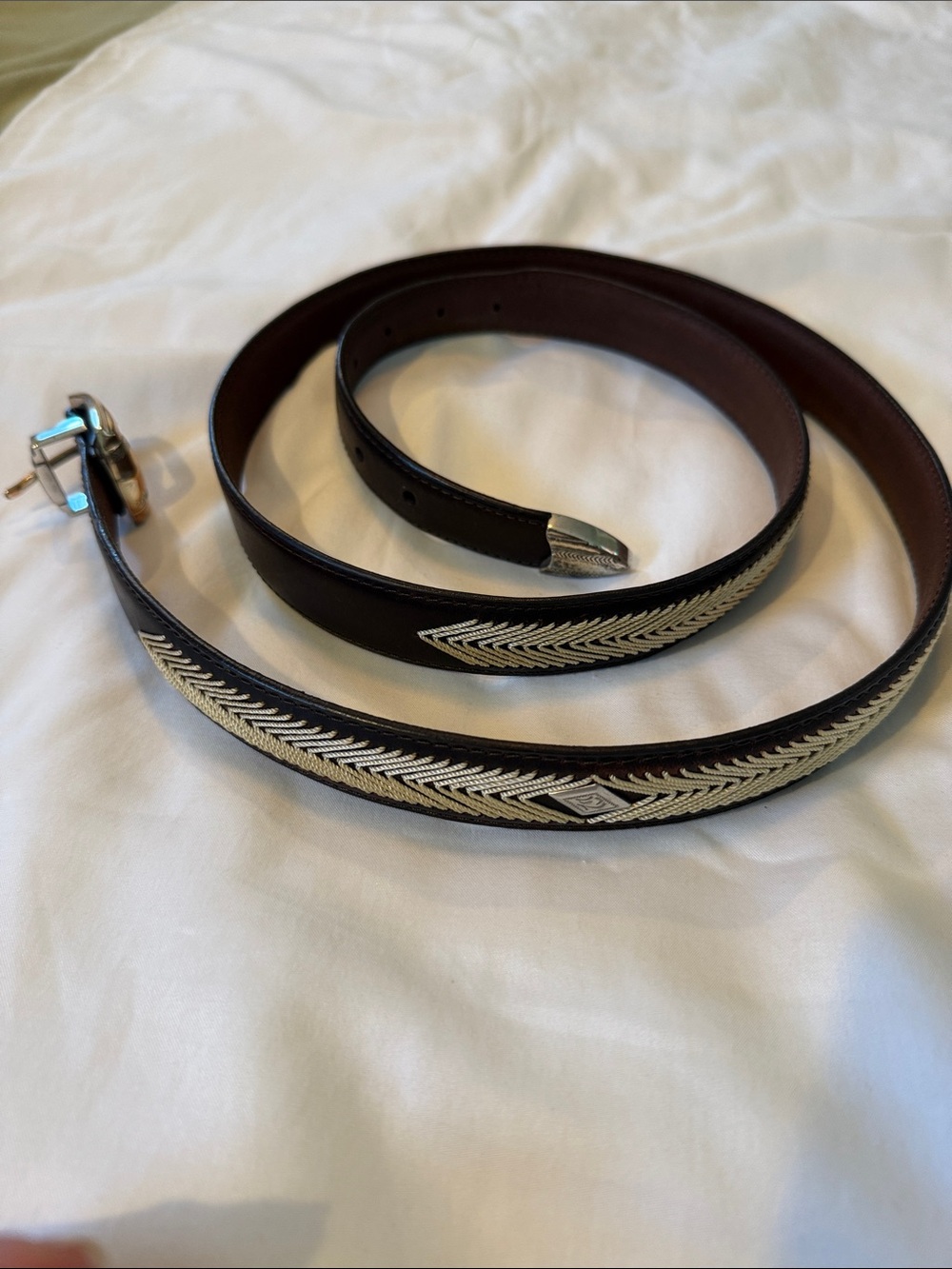 Men's Brown Leather Belt with Silver Embroidered Detail